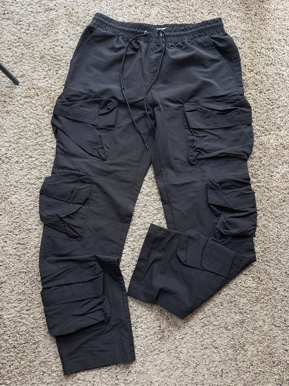 EPTM Men's Black Cargo Pants Lsize Tapered Drawstring Elastic Waist Nylon